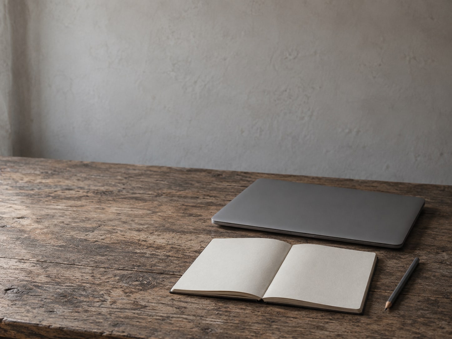 A closed laptop beside a small notebook with blank pages and a pencil on a plain wooden desk.