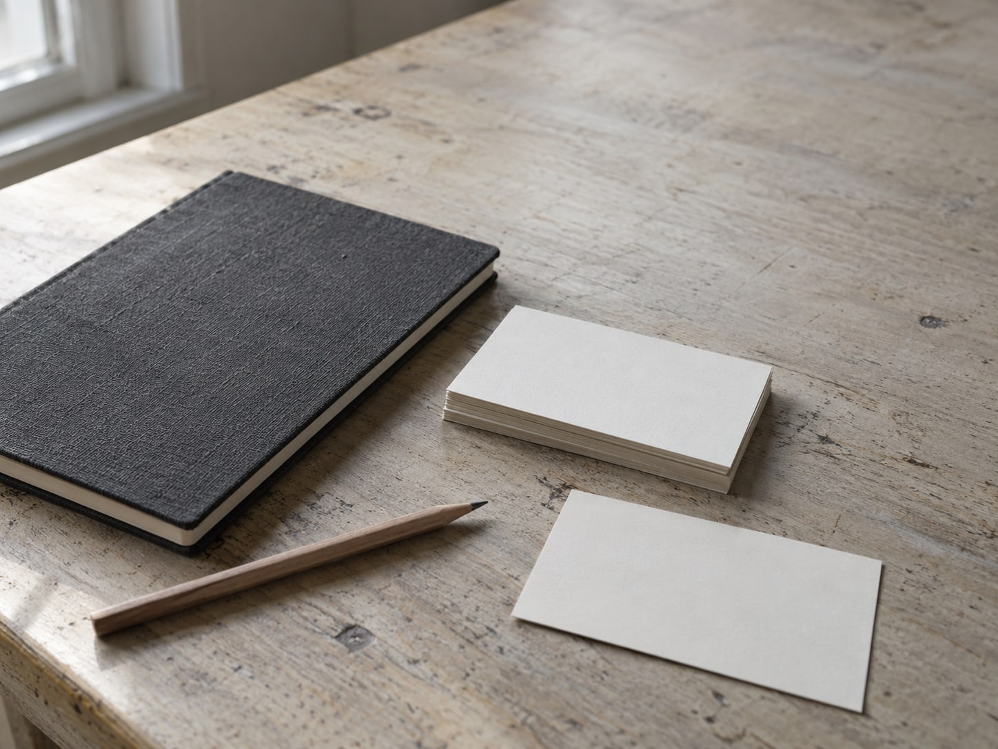Una libreta cerrada y un lápiz sobre un mostrador de madera gastada, junto a una pequeña pila de fichas en blanco, con una ficha apartada del resto.