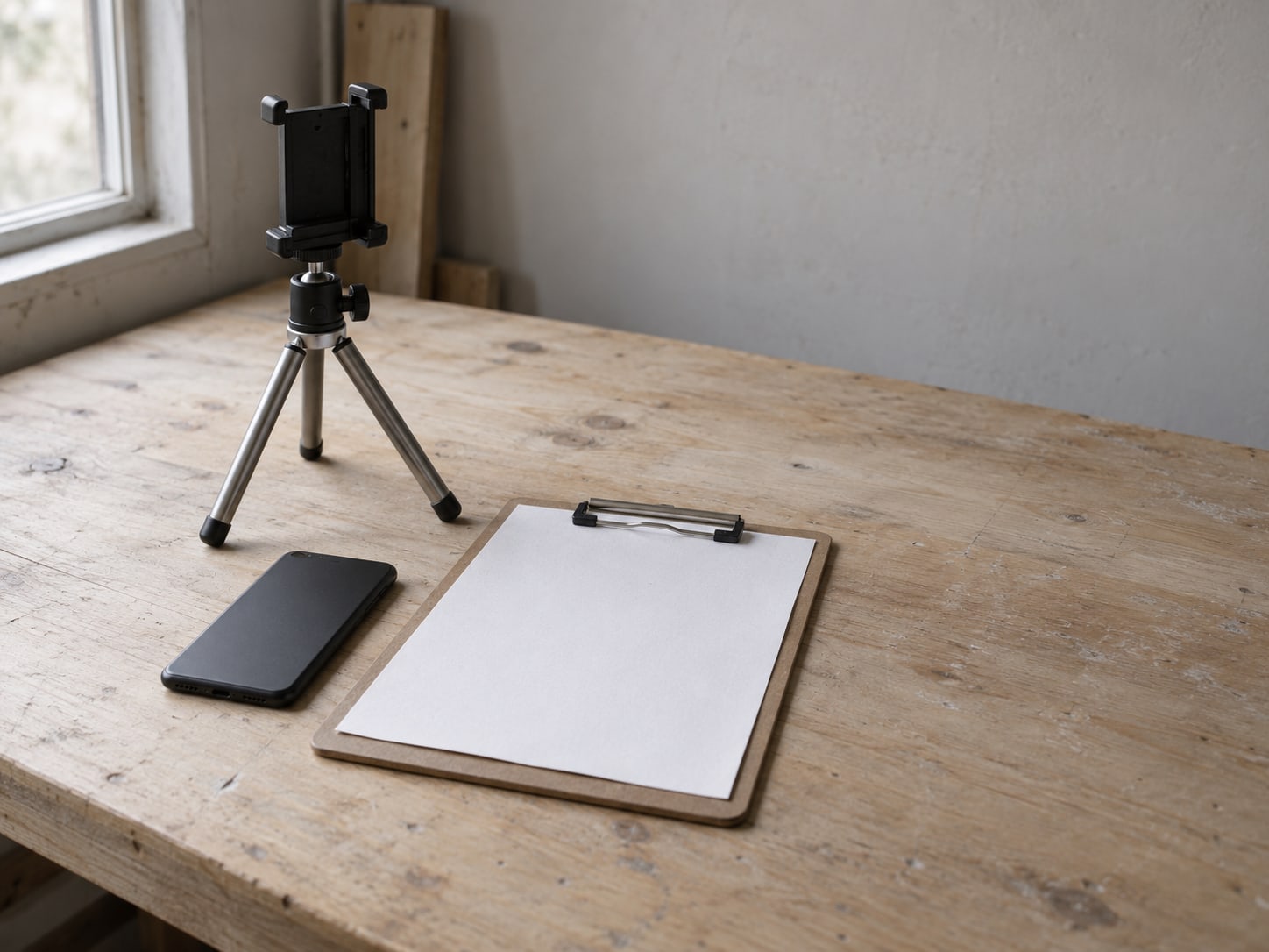 Un pequeño trípode sobre una mesa de trabajo ordenada, junto a un teléfono boca abajo y una tablilla en blanco, con luz suave de ventana.