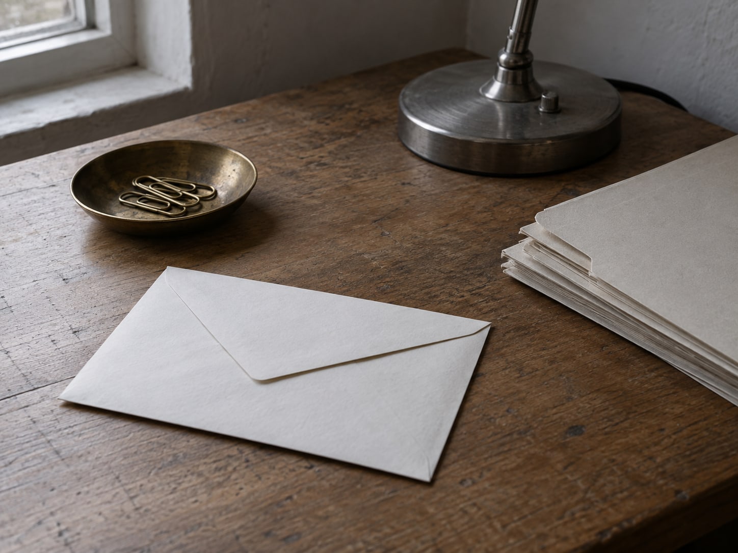 A tidy desk with a sealed envelope, a small brass paperclip dish and an unlit lamp beside a stack of blank folders.