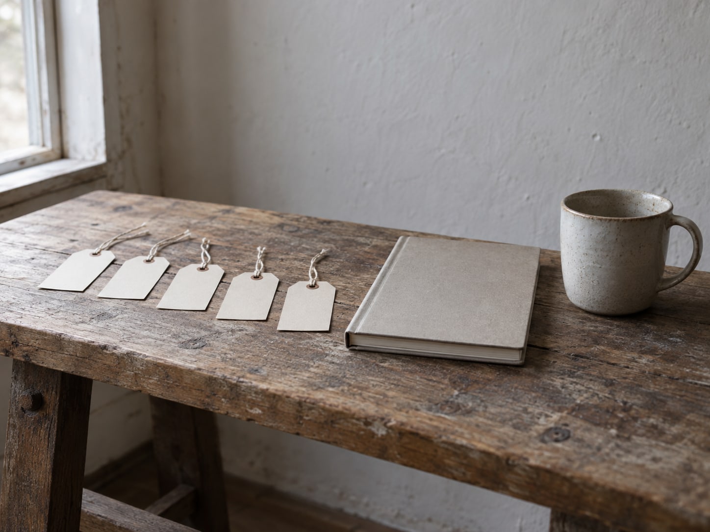 A row of small paper price tags, all blank, and a closed notebook lined up on a bench beside a mug.