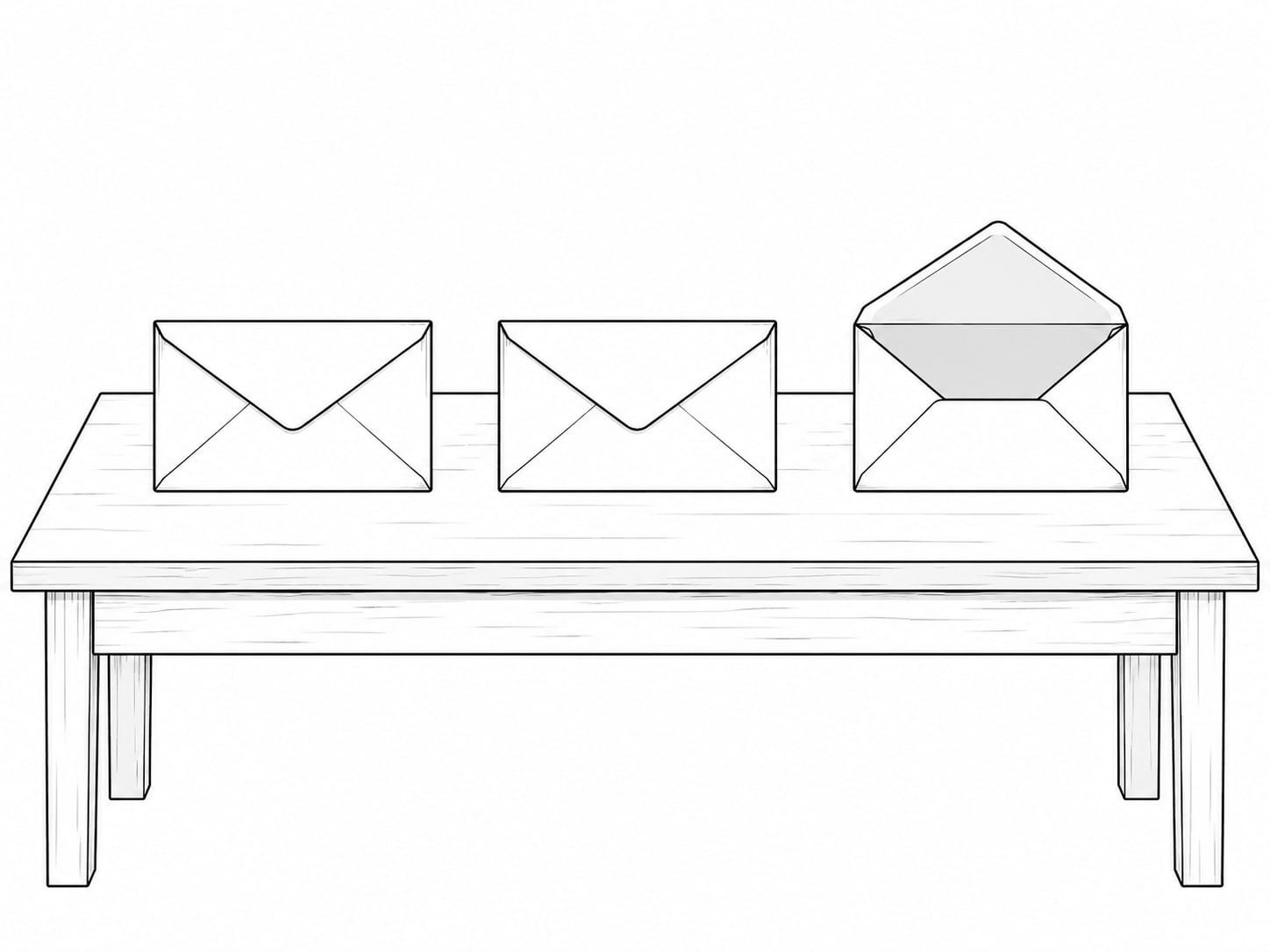 Three plain envelopes in a row on a table, two of them sealed and one lying open and empty.
