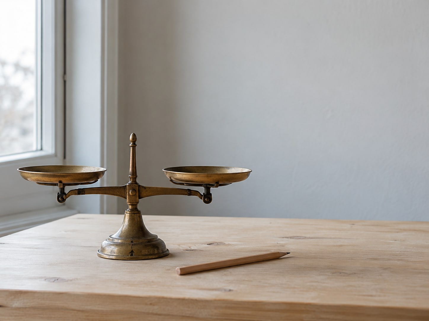 A small balance scale with two empty brass pans resting level on a plain tabletop beside a pencil.