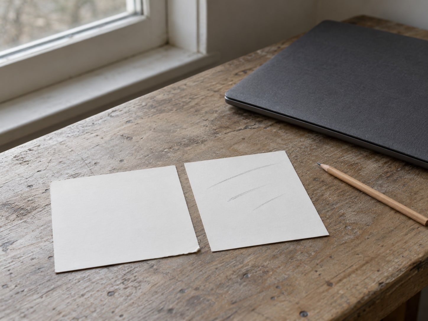 Two small paper postcards, one blank and one with faint pencil marks, lying on a worn counter beside a closed laptop.