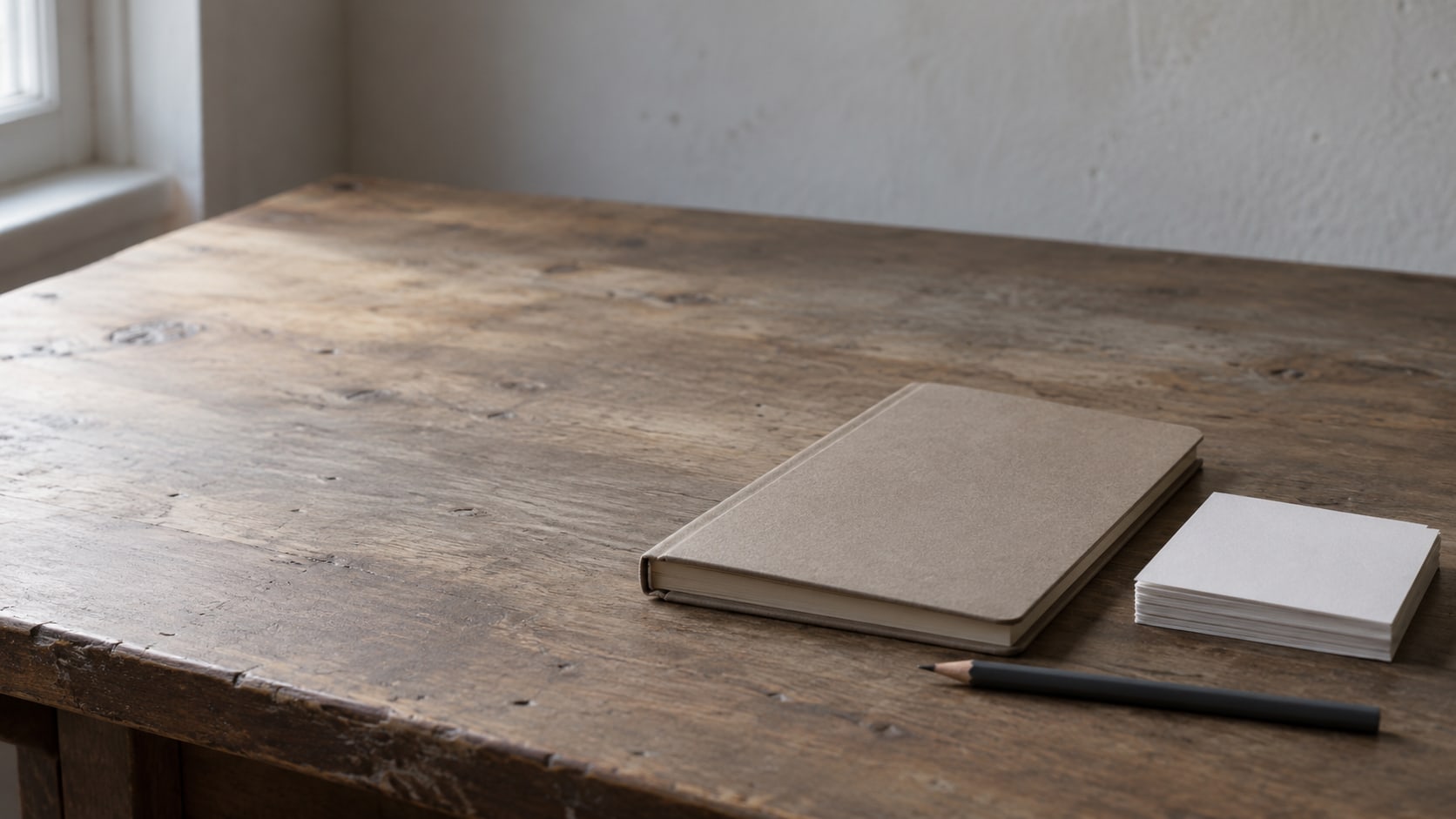 A closed notebook beside a small stack of blank index cards and a pencil on a clean wooden desk.