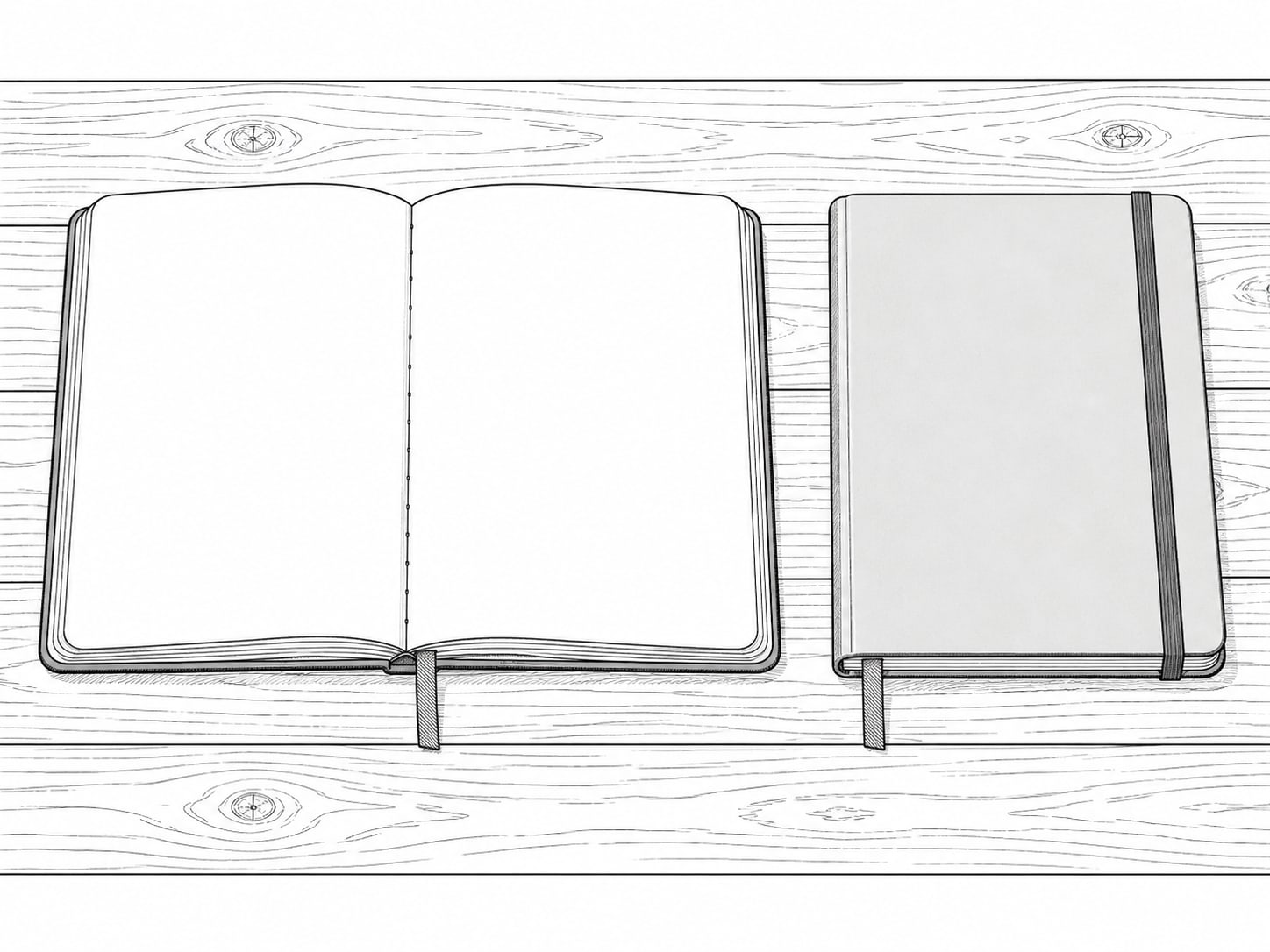 A pair of identical blank notebooks side by side, one open and one closed, on a clean wooden surface.