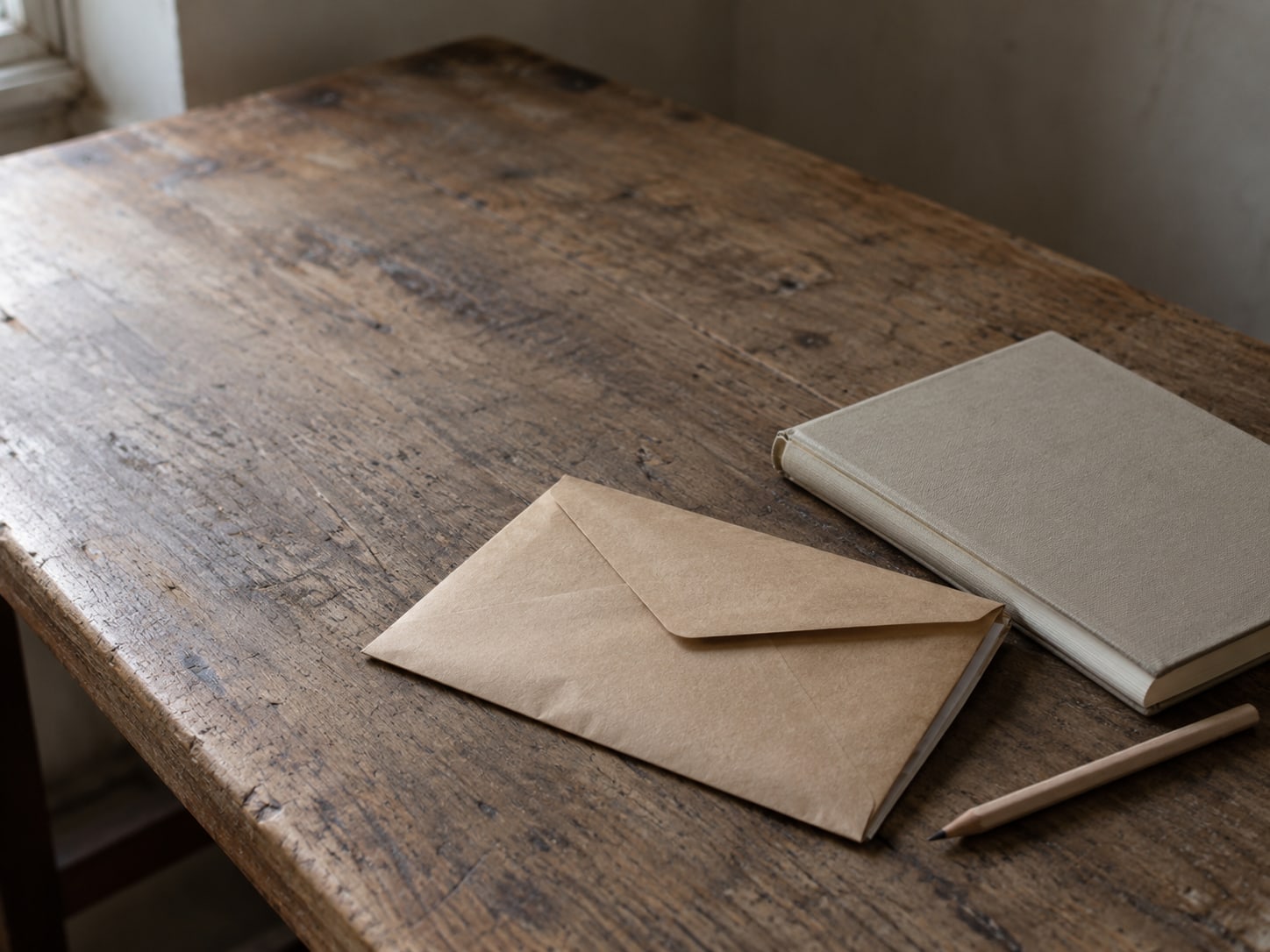 A sealed envelope of receipts beside a closed ledger and a pencil on a plain wooden table.