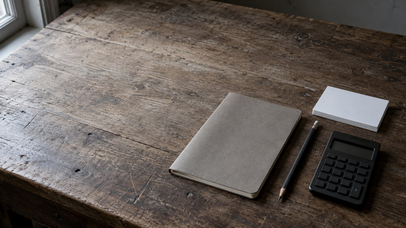 A closed notebook and a pencil beside a small switched-off calculator and a stack of blank index cards on a worn wooden desk.