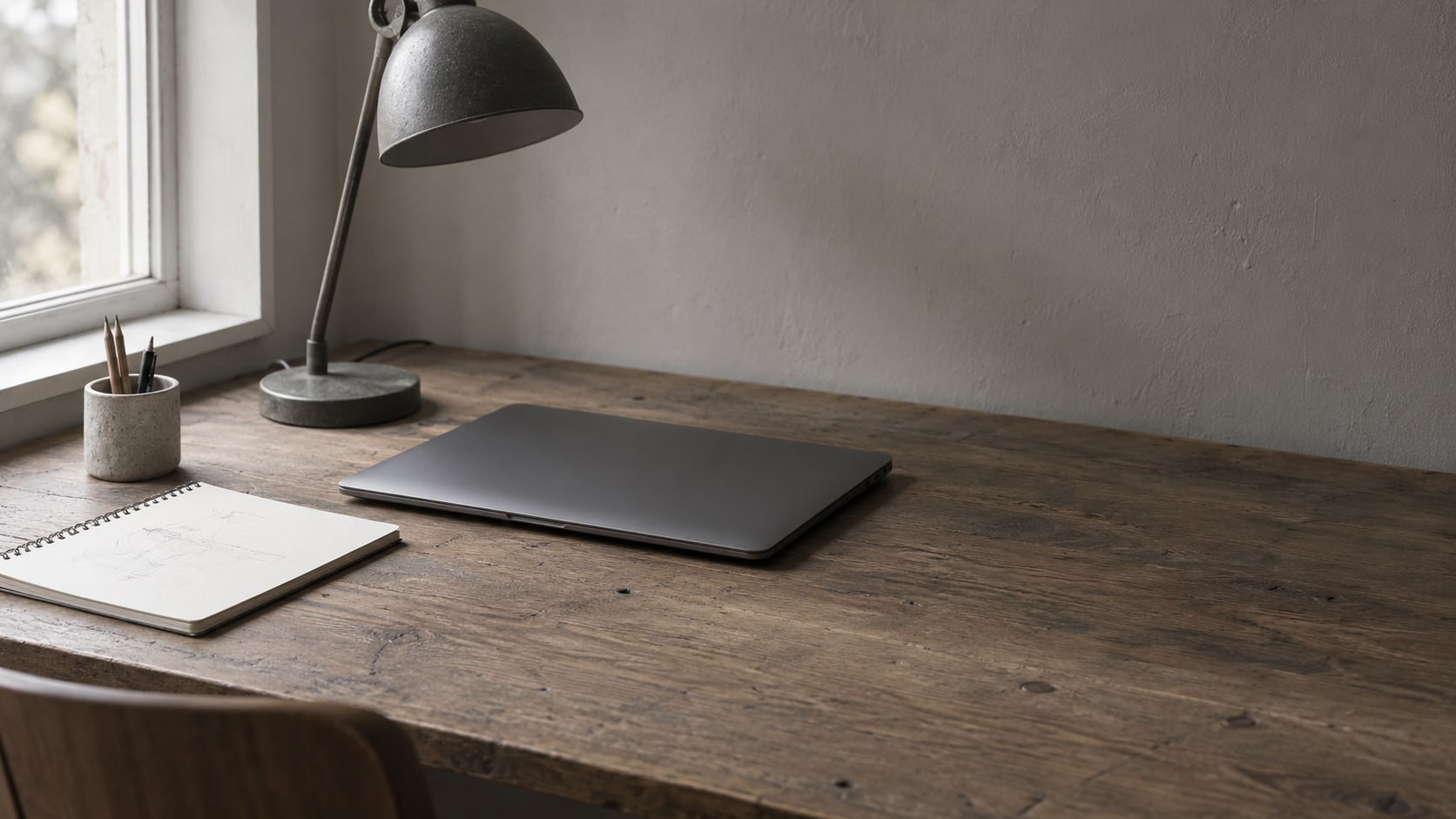 A closed laptop and a blank notepad with faint pencil marks on a wooden desk beside a small desk lamp.