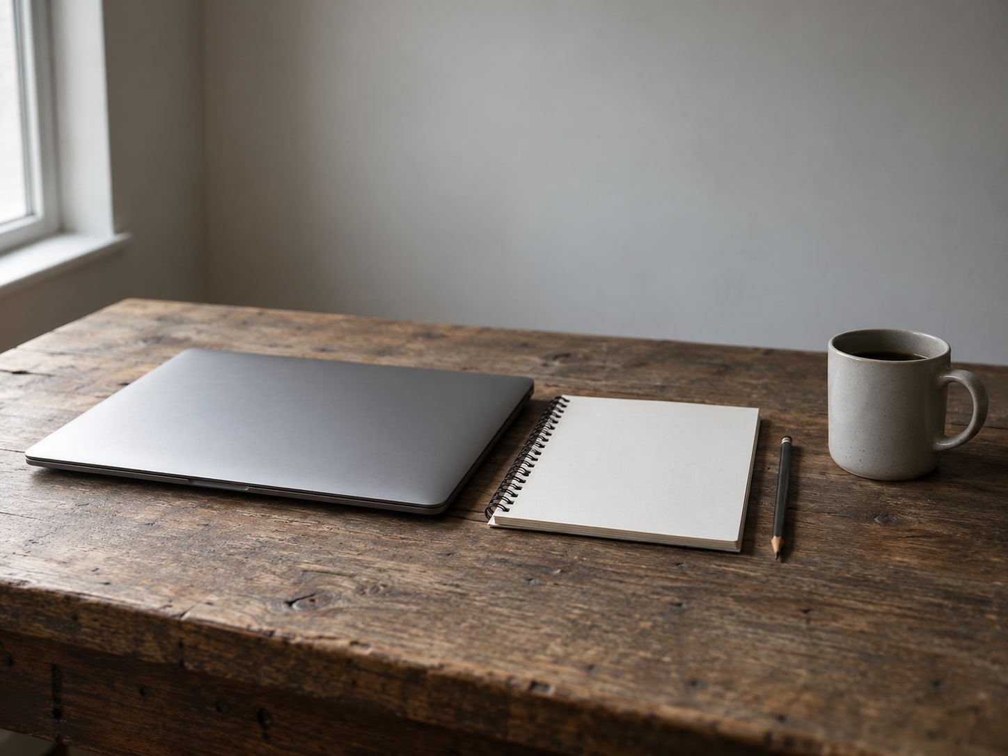 A closed laptop, a pencil and a blank spiral notebook lined up on a wooden desk beside a mug.