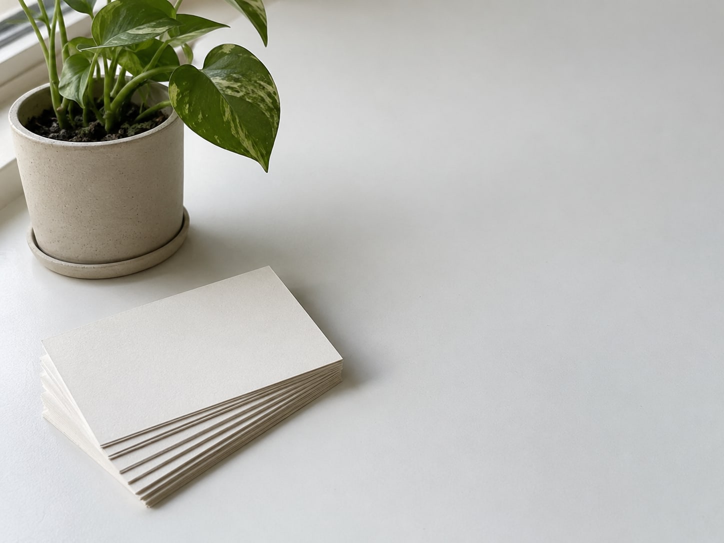 A stack of blank index cards fanned out next to a small potted plant on a clean white desk.