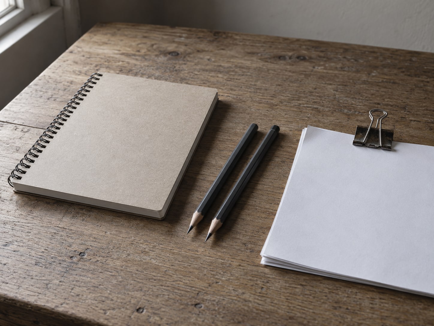 A wooden desk with a closed spiral notebook, two sharpened pencils and a small clip holding blank paper.