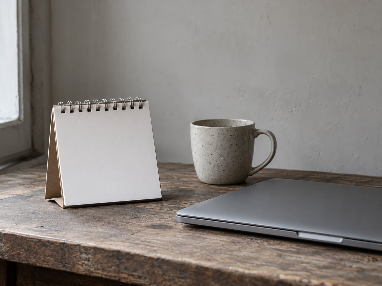 A small desk calendar turned to a blank page next to a closed laptop and a ceramic mug.