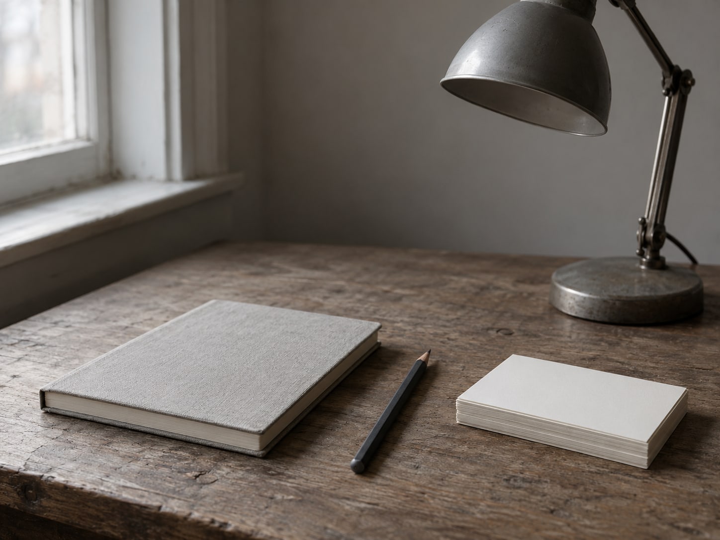 A closed notebook, a pencil and a small stack of blank index cards on a wooden desk beside a switched-off lamp.