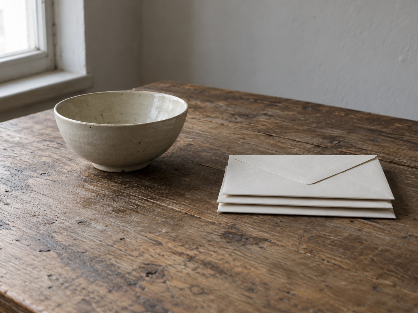 A single ceramic bowl beside a small stack of unopened envelopes on a worn wooden table.