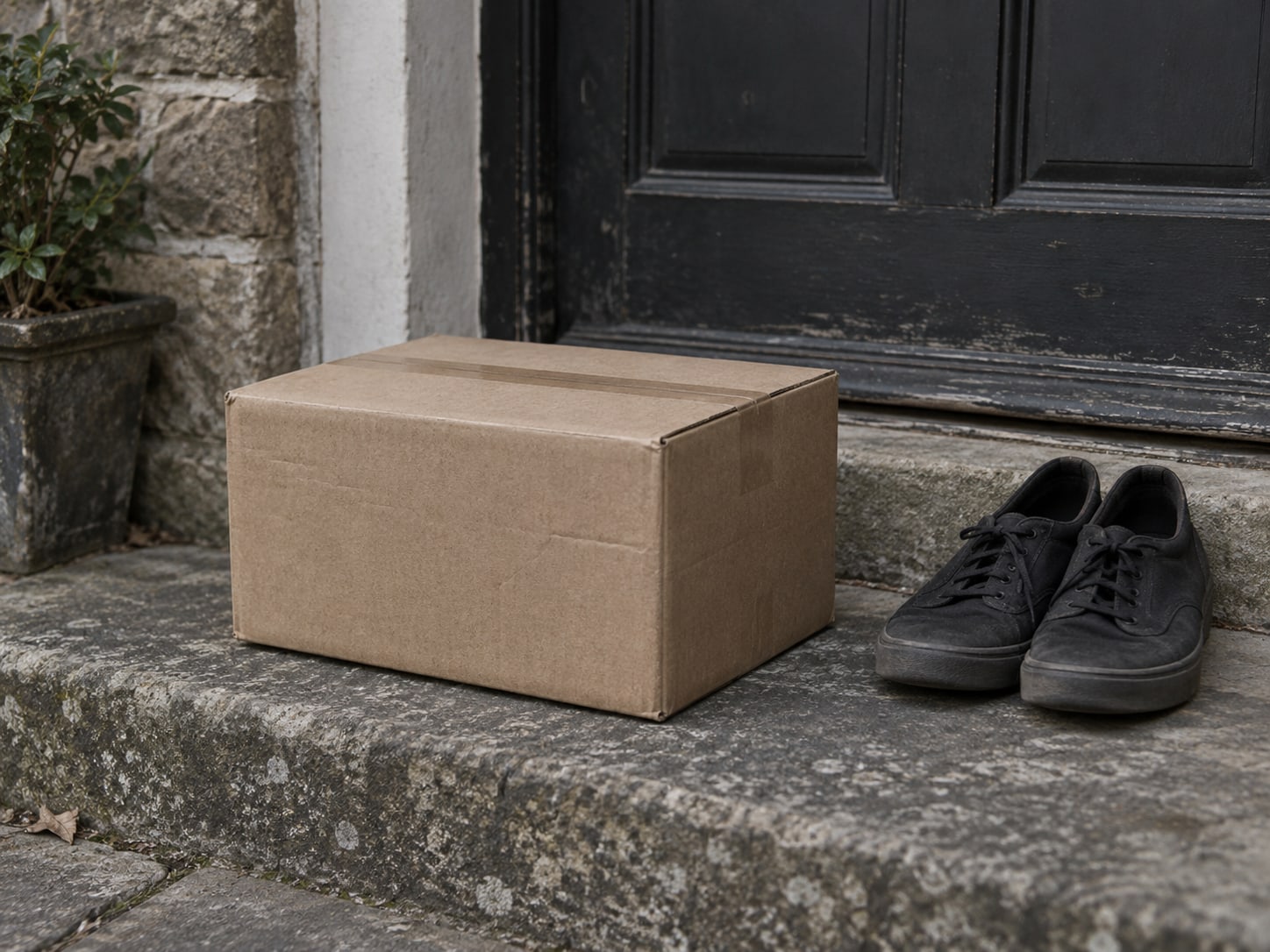 A single cardboard box, taped shut and set on a doorstep beside a pair of closed shoes.