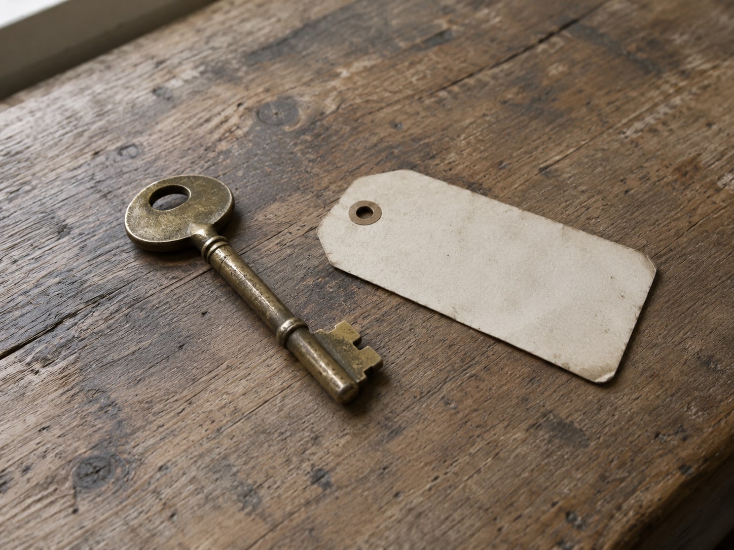 A brass key beside a blank paper tag on a worn wooden counter.