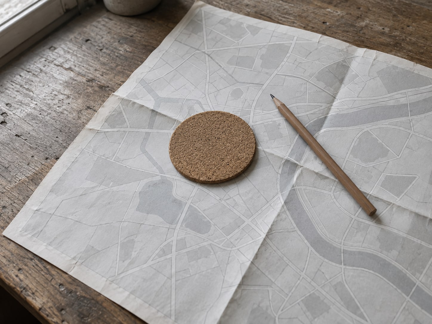 A paper map folded open on a desk with a small round coaster set on it and a blunt pencil beside it.