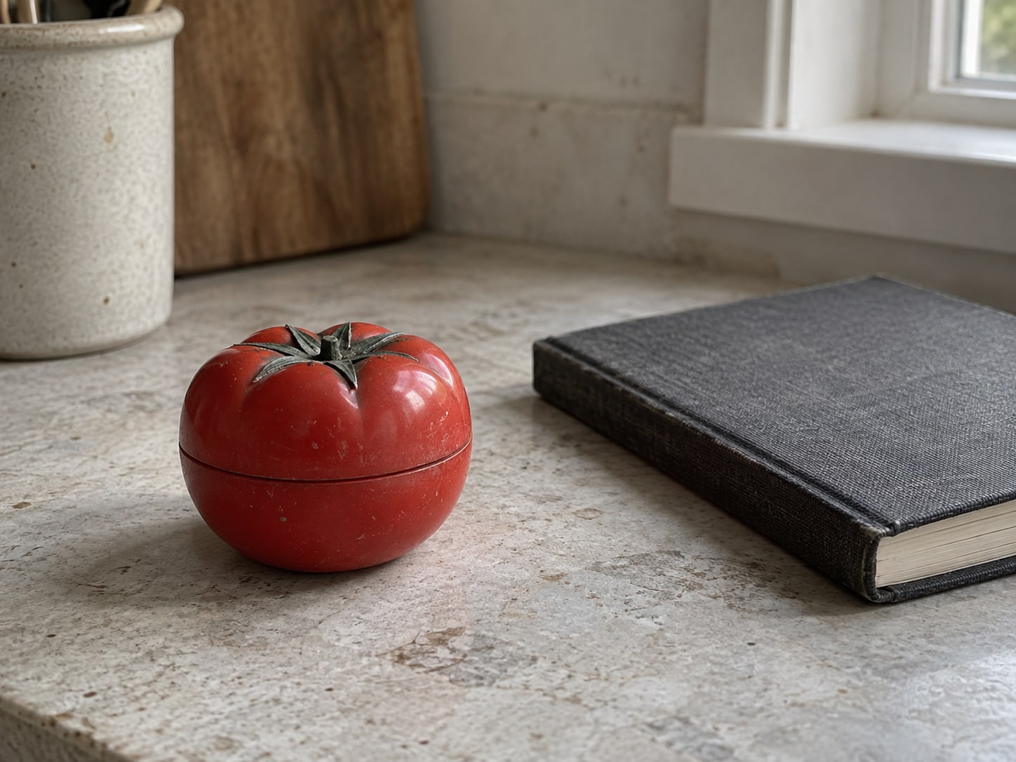 A small kitchen timer shaped like a tomato sitting beside a closed notebook on a countertop.