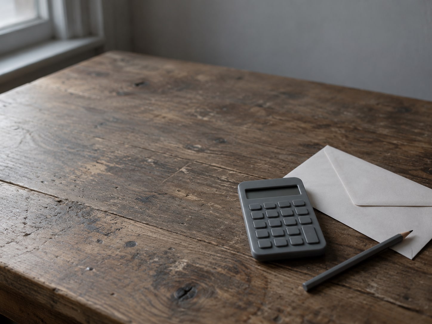 Una pequeña calculadora de escritorio apagada junto a un sobre sellado y un lápiz sobre una superficie de madera.