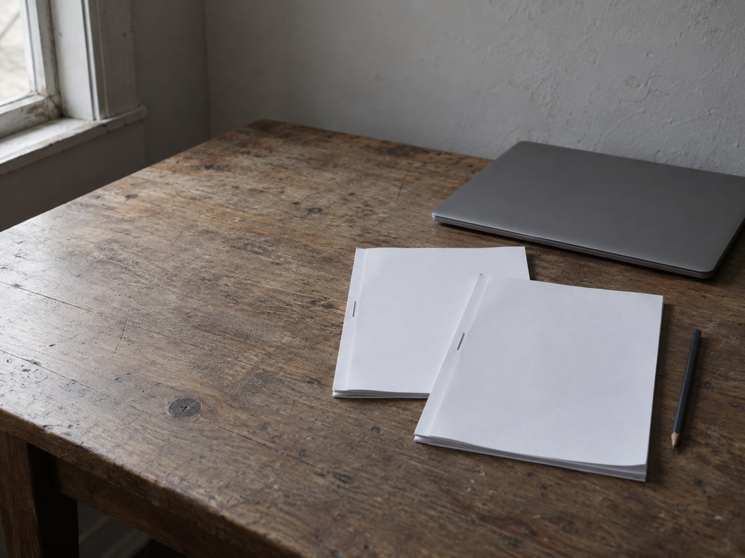 Una laptop cerrada junto a dos cotizaciones engrapadas con páginas en blanco y un lápiz sobre un escritorio de madera gastado.