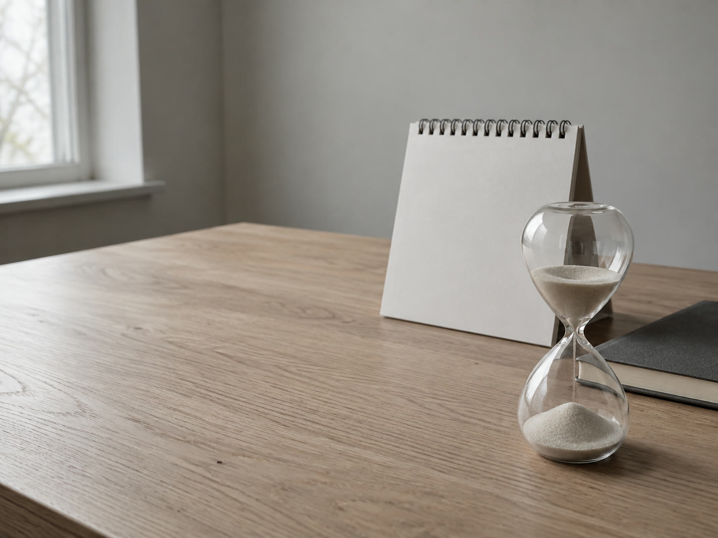 A small hourglass beside a desk calendar with blank pages and a closed notebook on a light oak table.