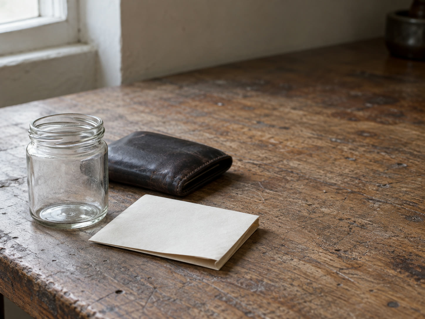 A small empty glass jar beside a closed leather wallet and a folded sheet of blank paper on a wooden counter.