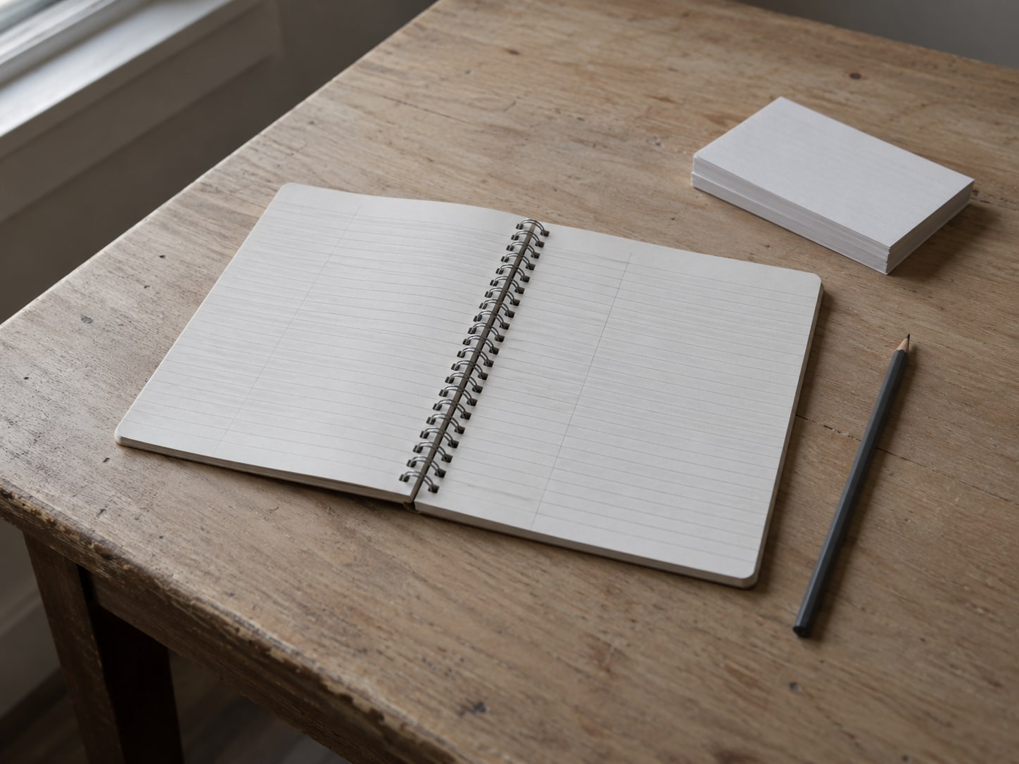 A spiral notebook open to ruled pages with faint pencil columns, a pencil, and a small stack of index cards on a wooden table.