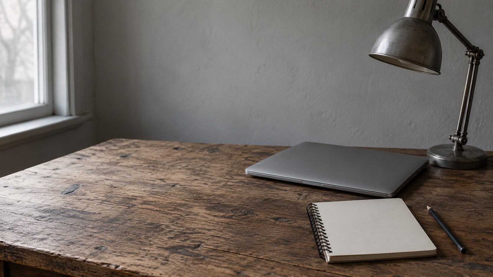 A closed laptop, a blank notepad and a pencil on a worn wooden desk beside a switched-off desk lamp.