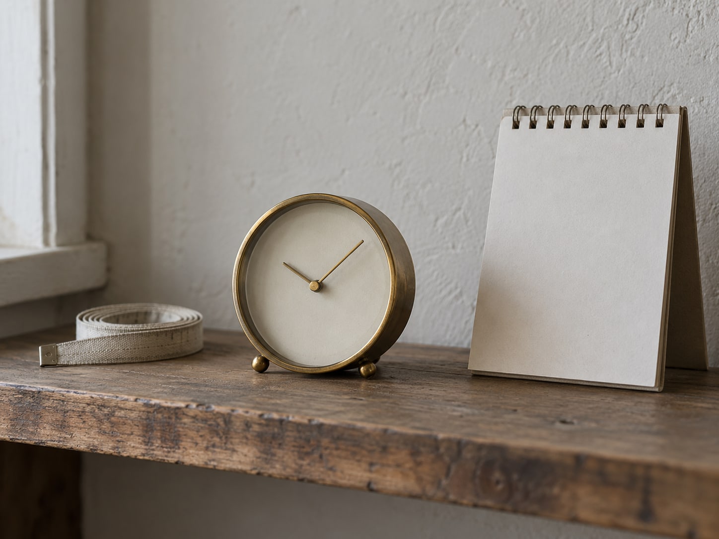 A single small brass clock on a tidy shelf next to an unopened calendar and a coiled measuring tape.