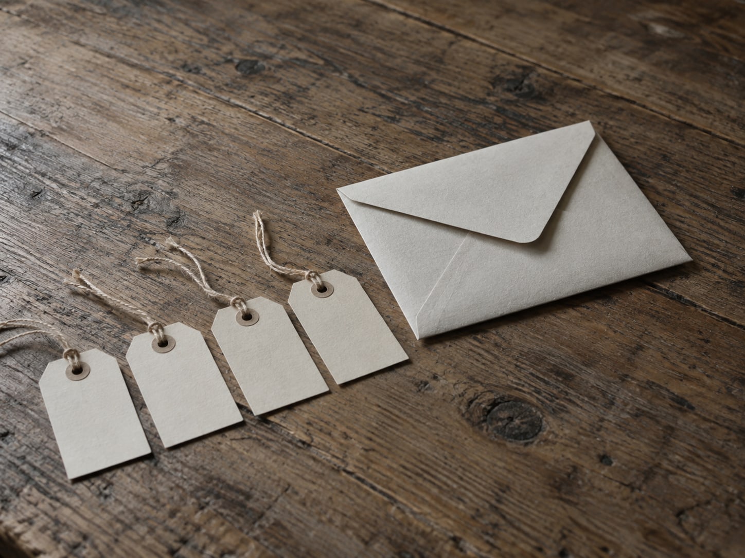 Una fila de pequeñas etiquetas de papel en blanco sobre una mesa de madera, junto a un sobre de papel doblado.