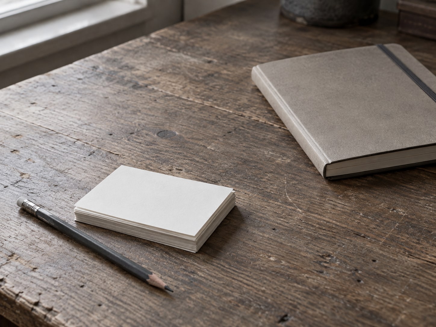 Una pequeña pila de fichas en blanco y un lápiz sobre un escritorio de madera, junto a una agenda cerrada.