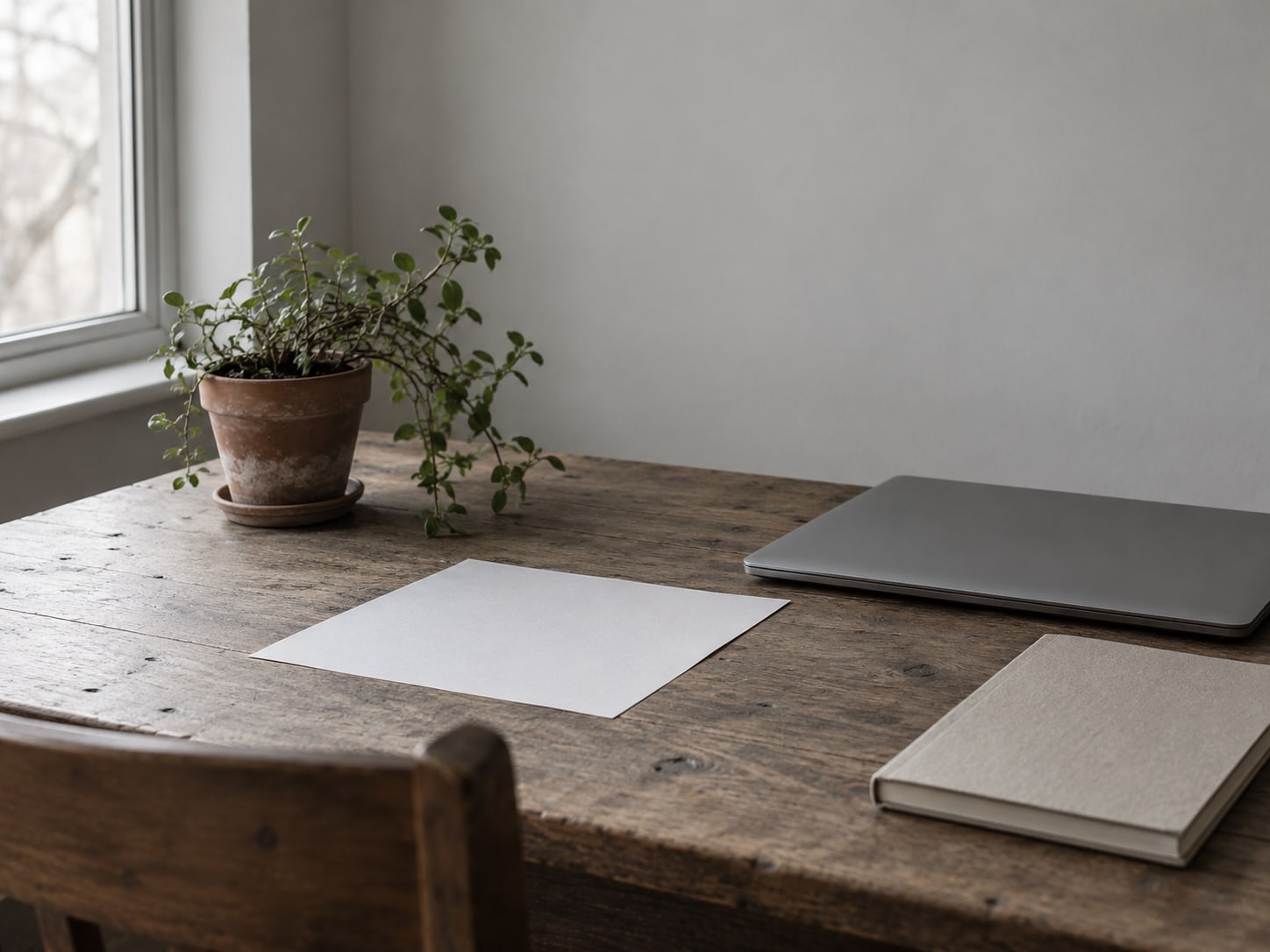 Un escritorio ordenado con una laptop cerrada, un cuaderno liso y una pequeña planta en una maceta de barro junto a una hoja de papel en blanco.