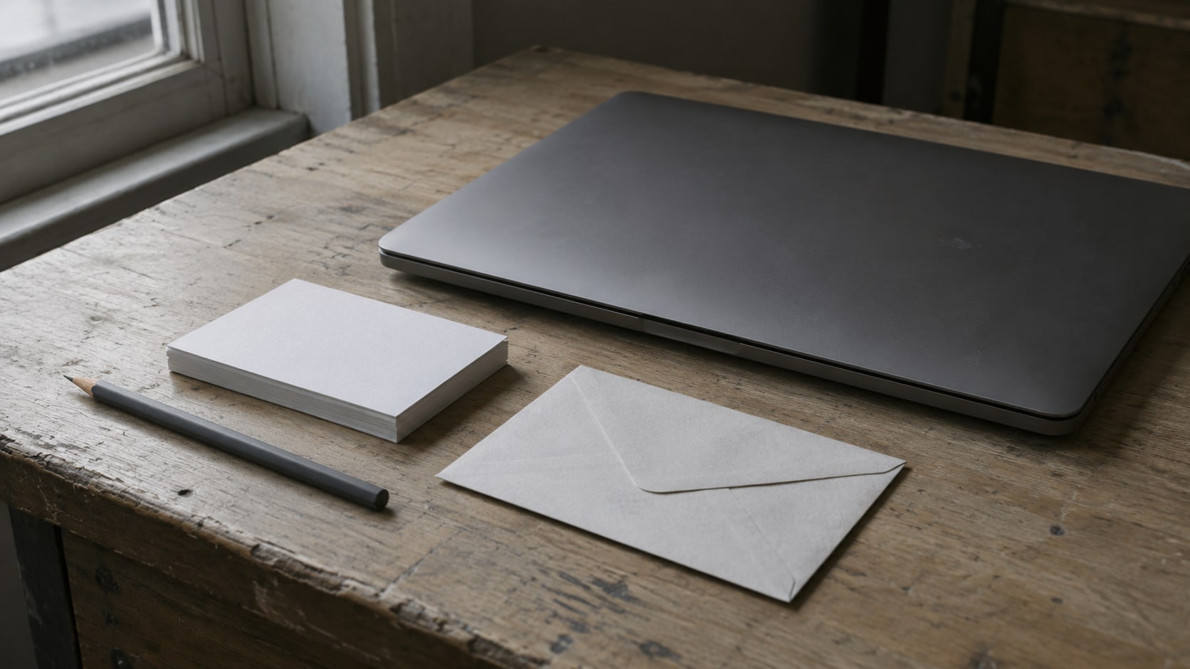 A closed laptop beside a stack of blank index cards, a pencil and a sealed envelope on a worn wooden desk.