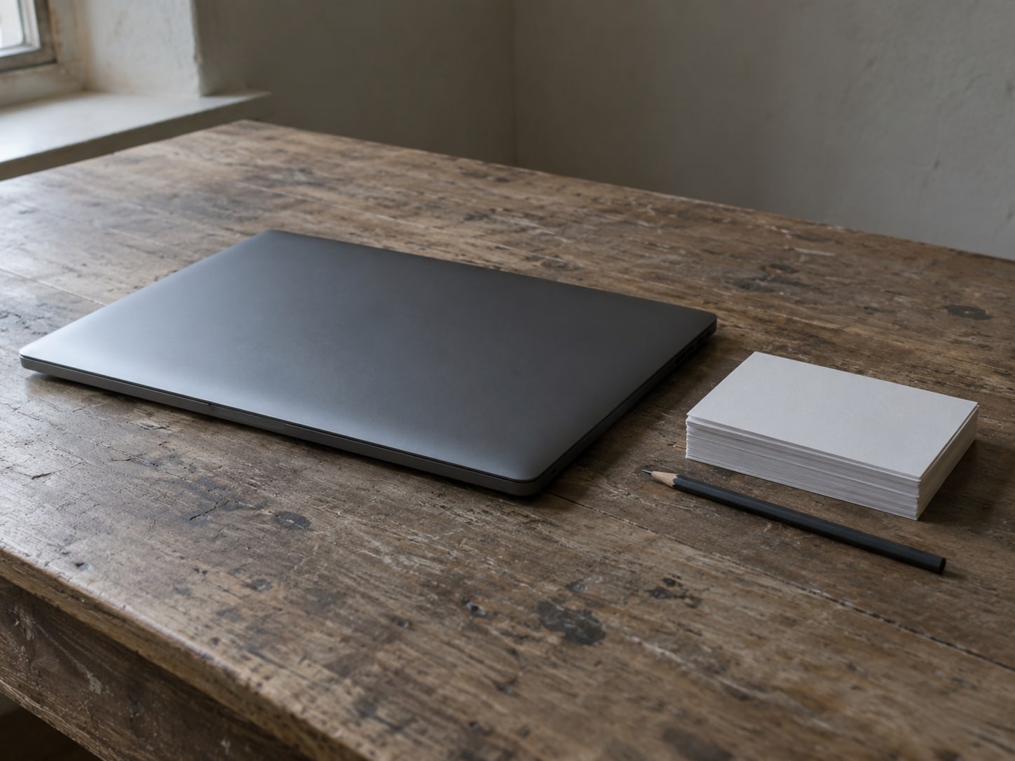 A closed laptop beside a neat stack of blank index cards and a pencil on a worn wooden desk.