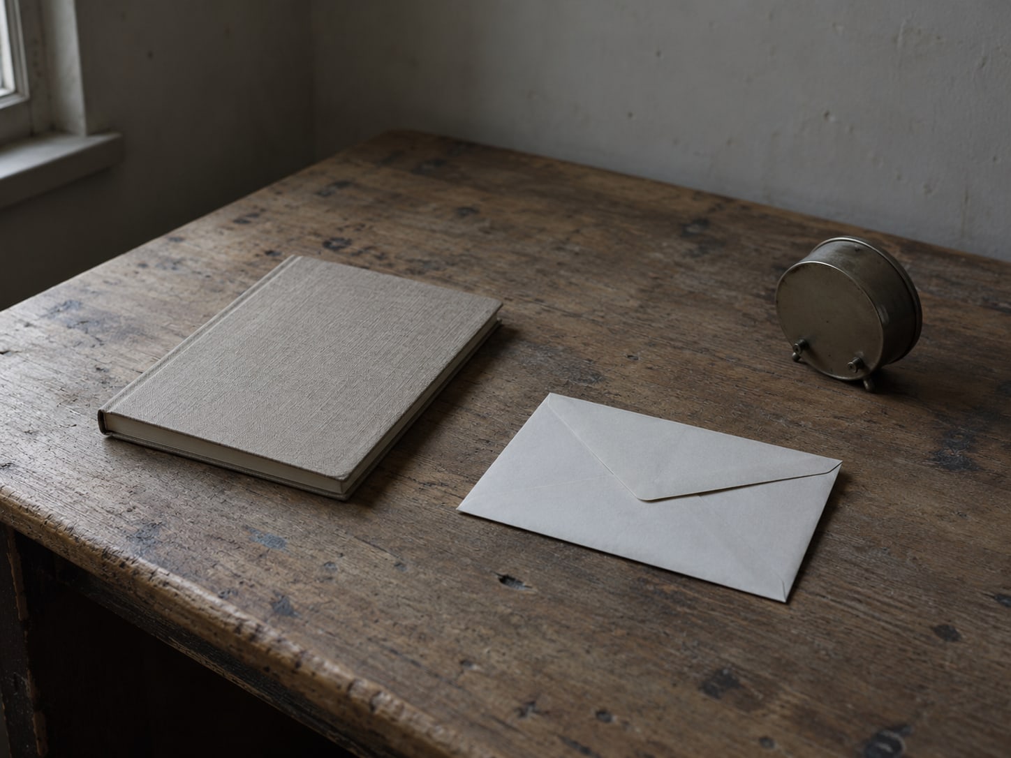 A wooden desk with a closed notebook, a sealed envelope and a small clock lying face down.