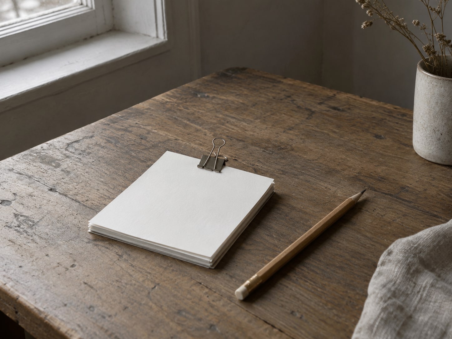 A small stack of blank paper cards held together with a clip, beside a wooden pencil, on a plain table.