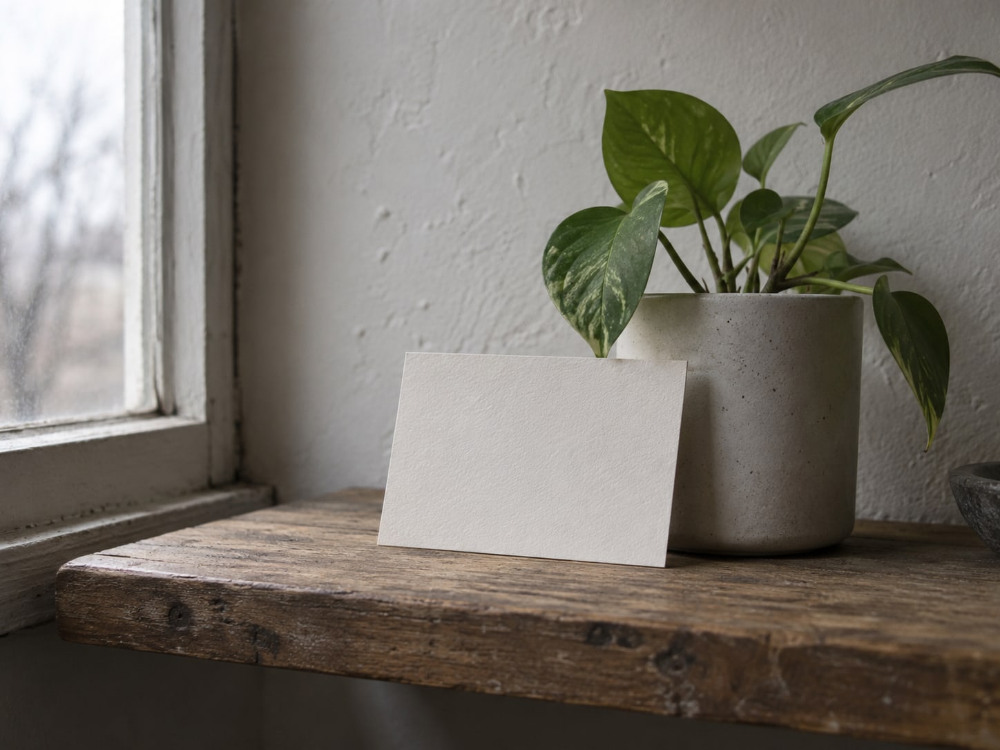 A single ticket-sized piece of blank cardstock leaning against a small plant pot on a wooden shelf.