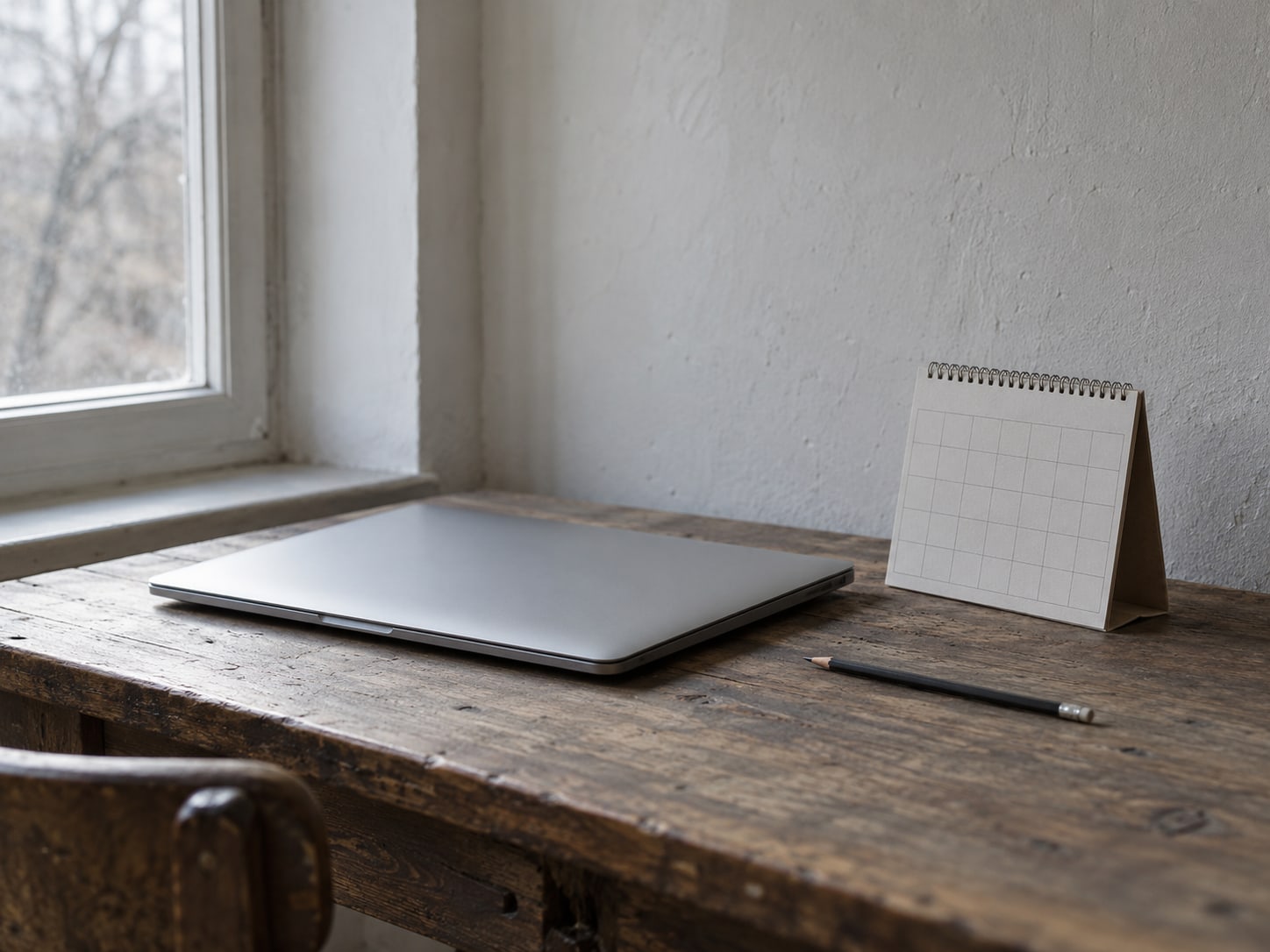 A closed laptop beside a small wall calendar with unmarked squares and a pencil on a wooden desk.