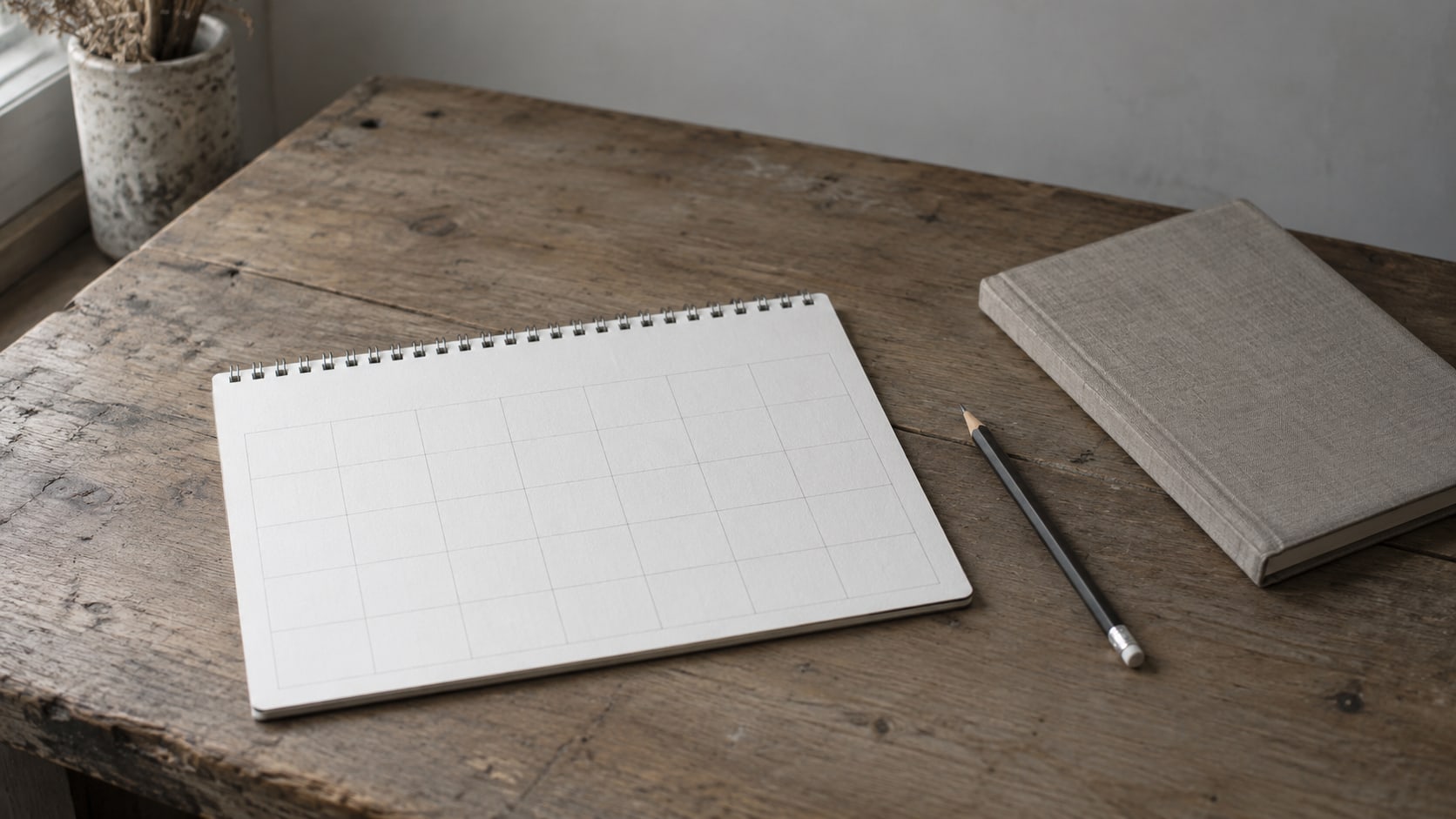 A blank paper wall calendar and a pencil on a worn wooden table beside a closed notebook.