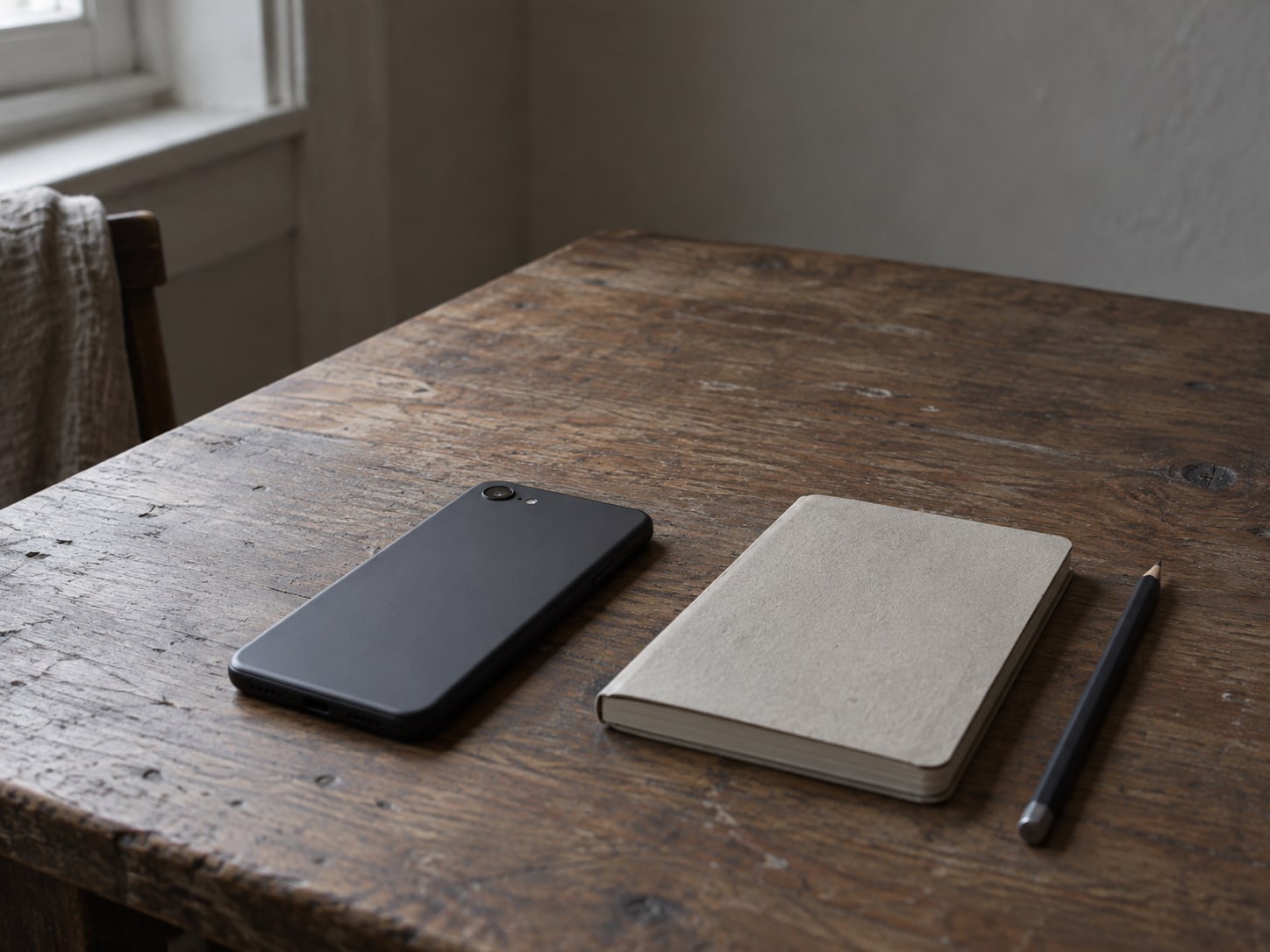 A phone lying face down on a plain wooden table beside a small notebook and a pencil.