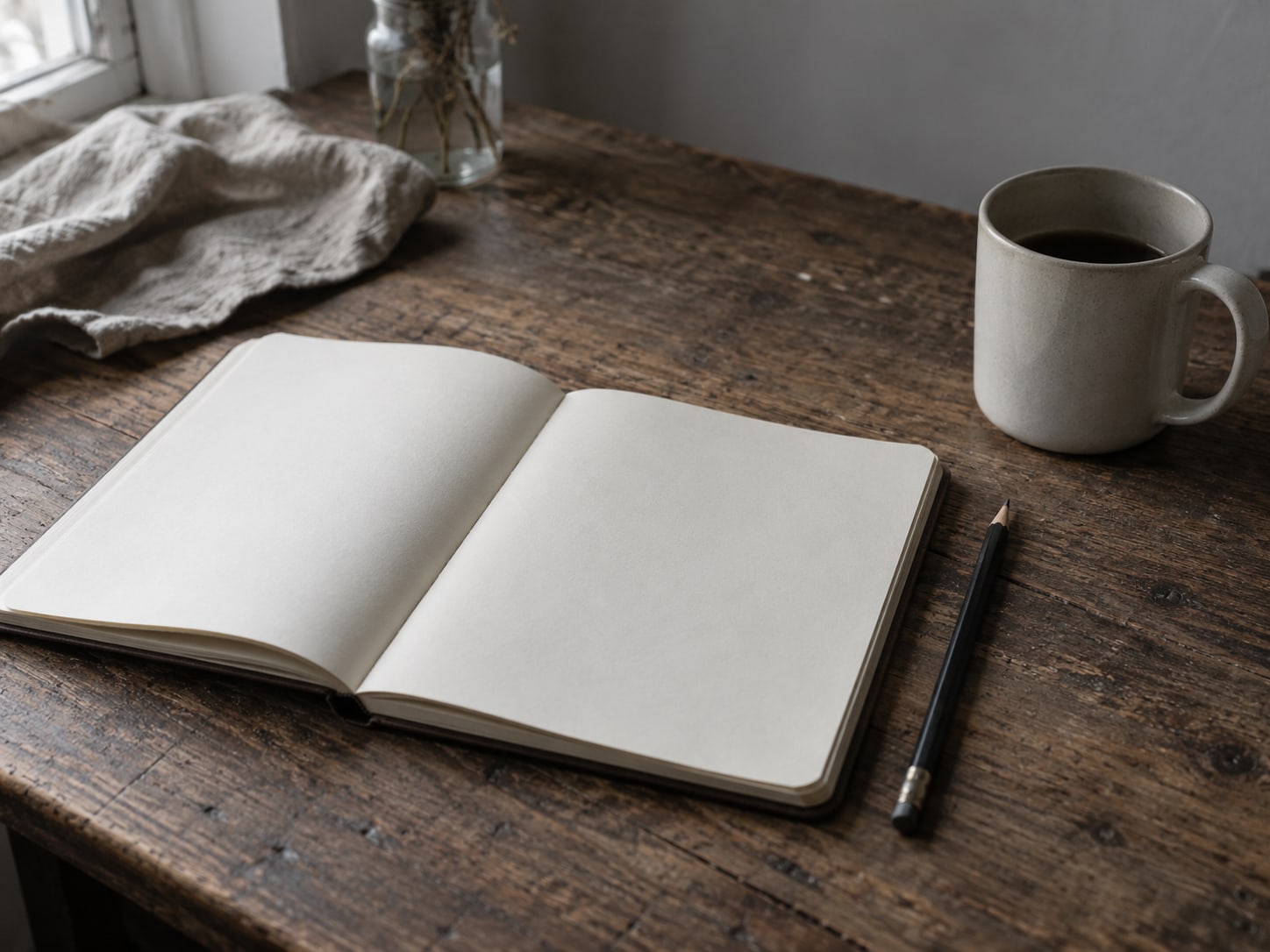 A notebook open to a page of blank lines beside a pencil and a mug on a wooden table.
