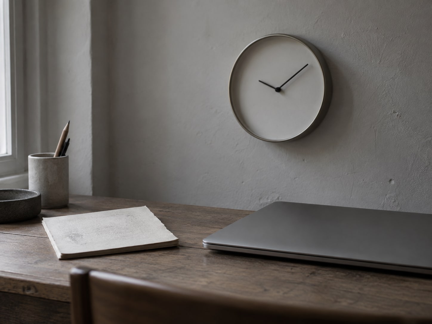 A wall clock and a small calendar page with unreadable pencil marks on a desk beside a closed laptop.