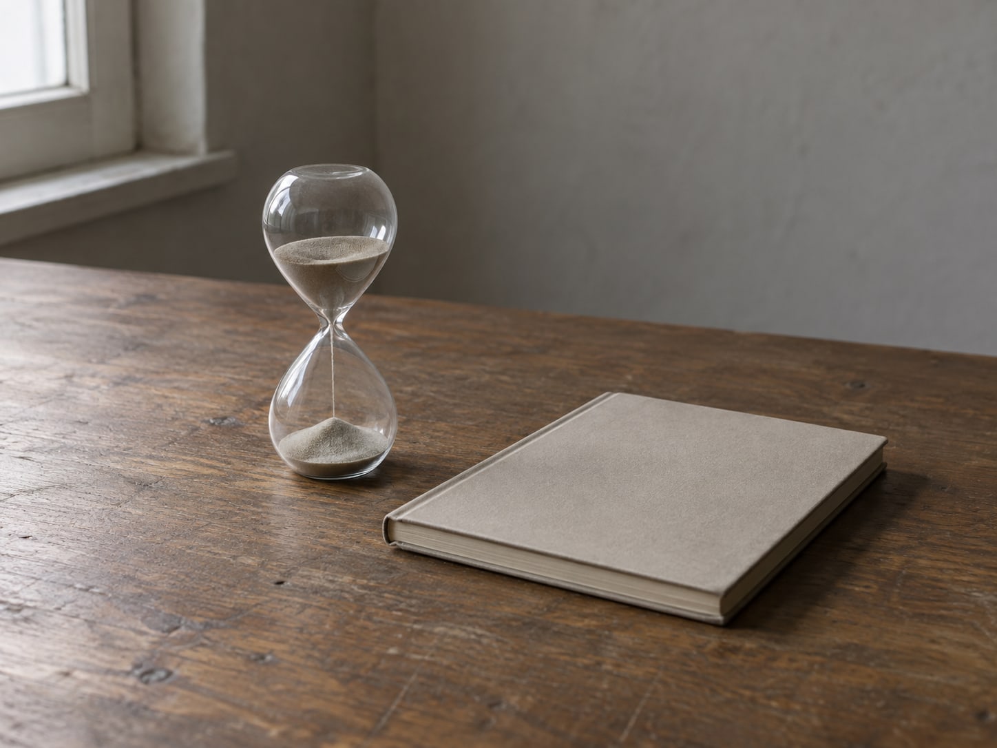 A small sand timer standing on a desk next to a closed notebook.