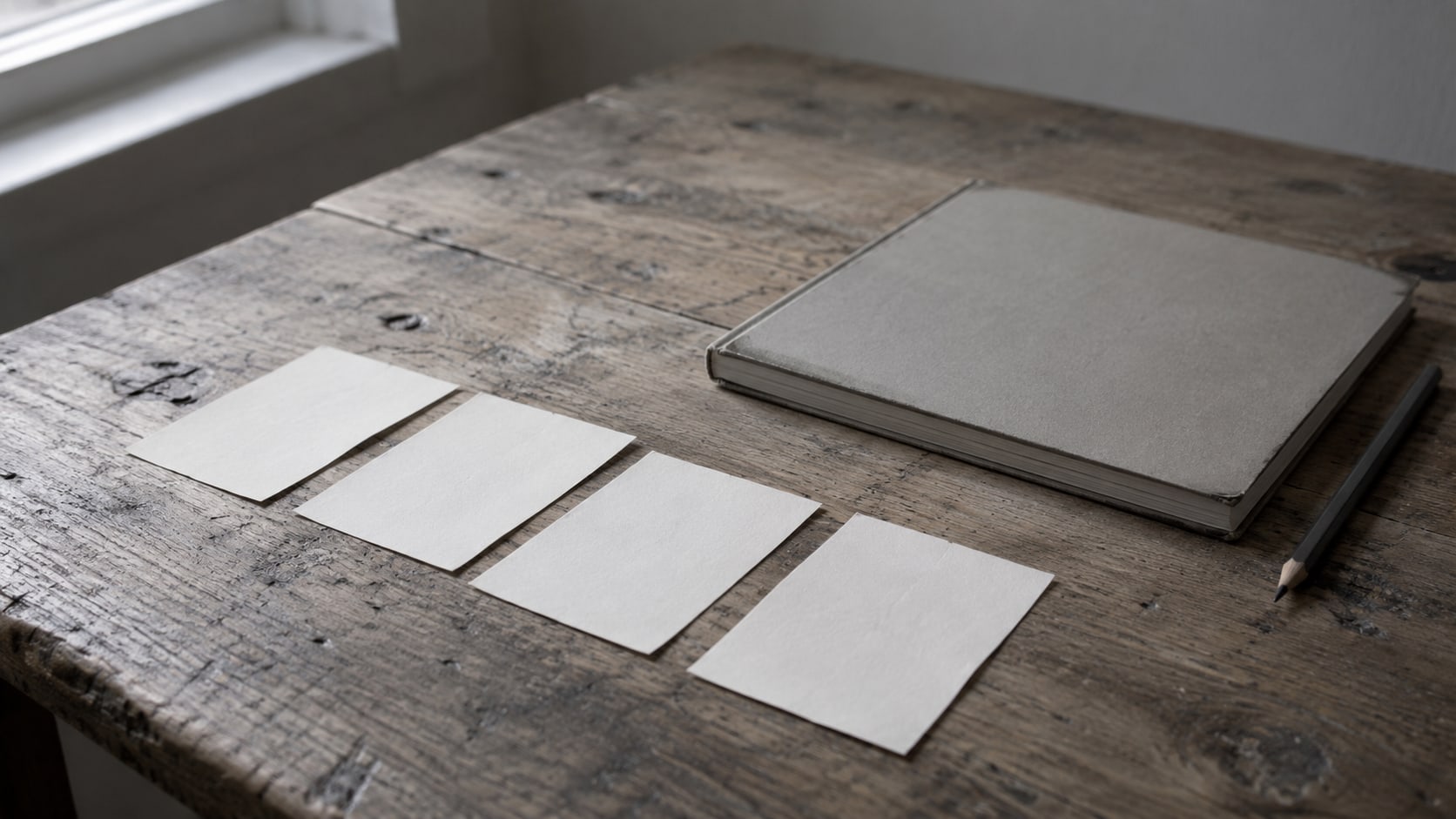 A short row of blank paper cards laid out on a wooden desk beside a closed notebook and a pencil.