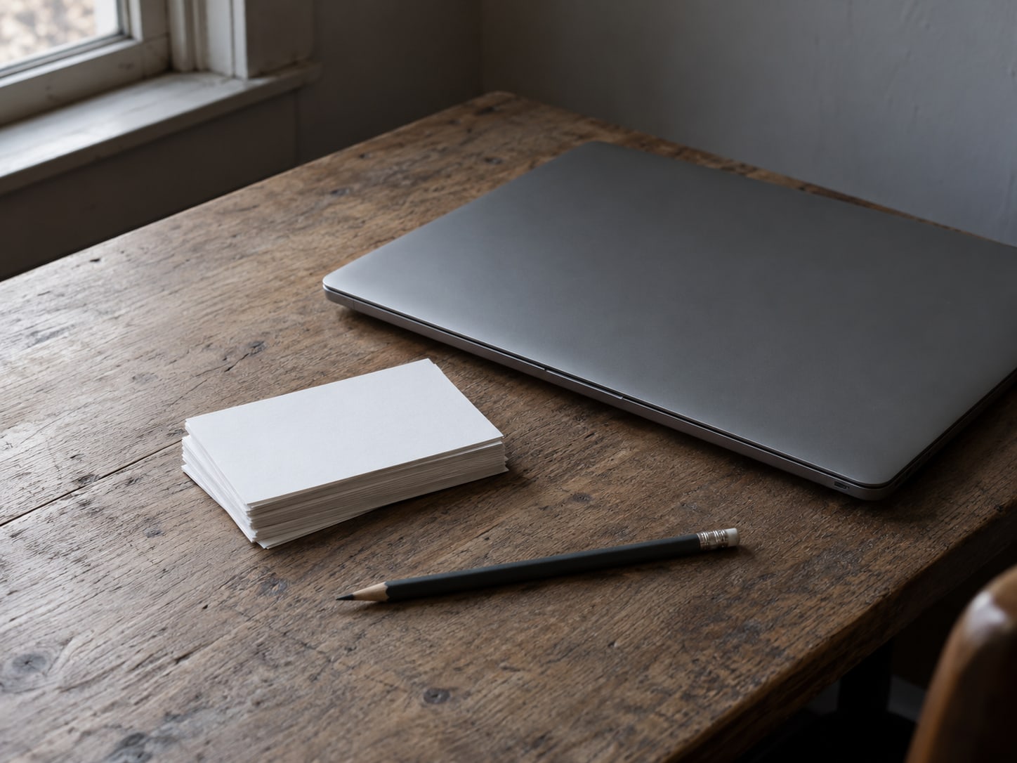 A closed laptop beside a short stack of blank index cards and a pencil on a worn wooden desk.