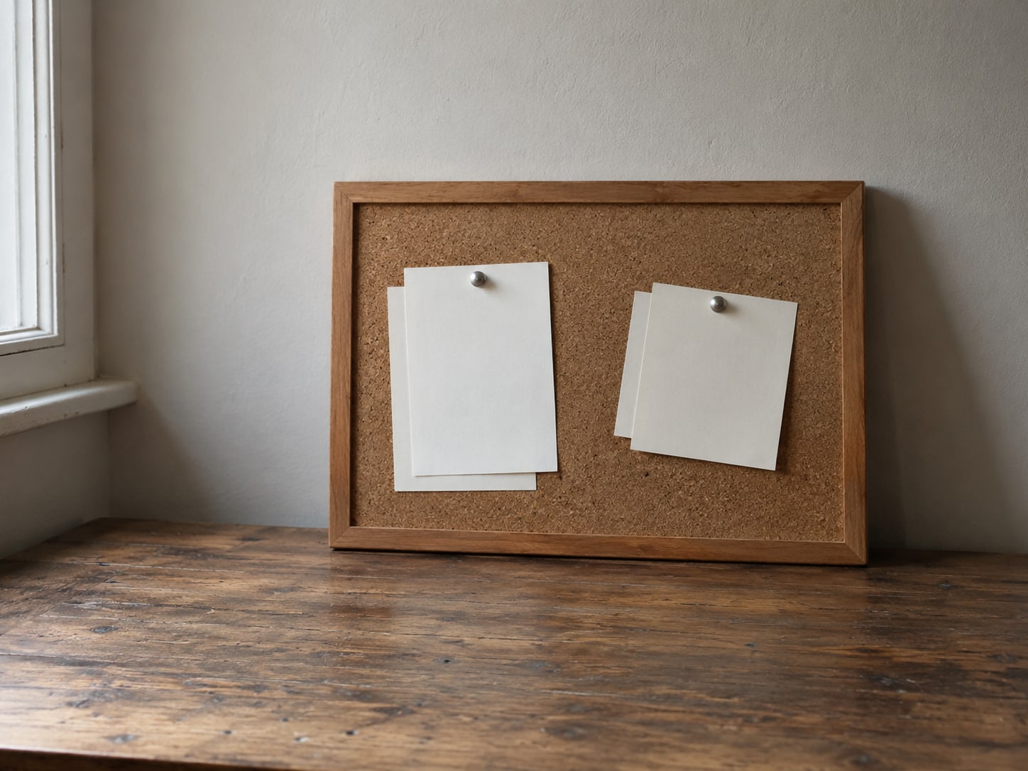 A small cork board with blank paper cards pinned in two loose groups on a desk.