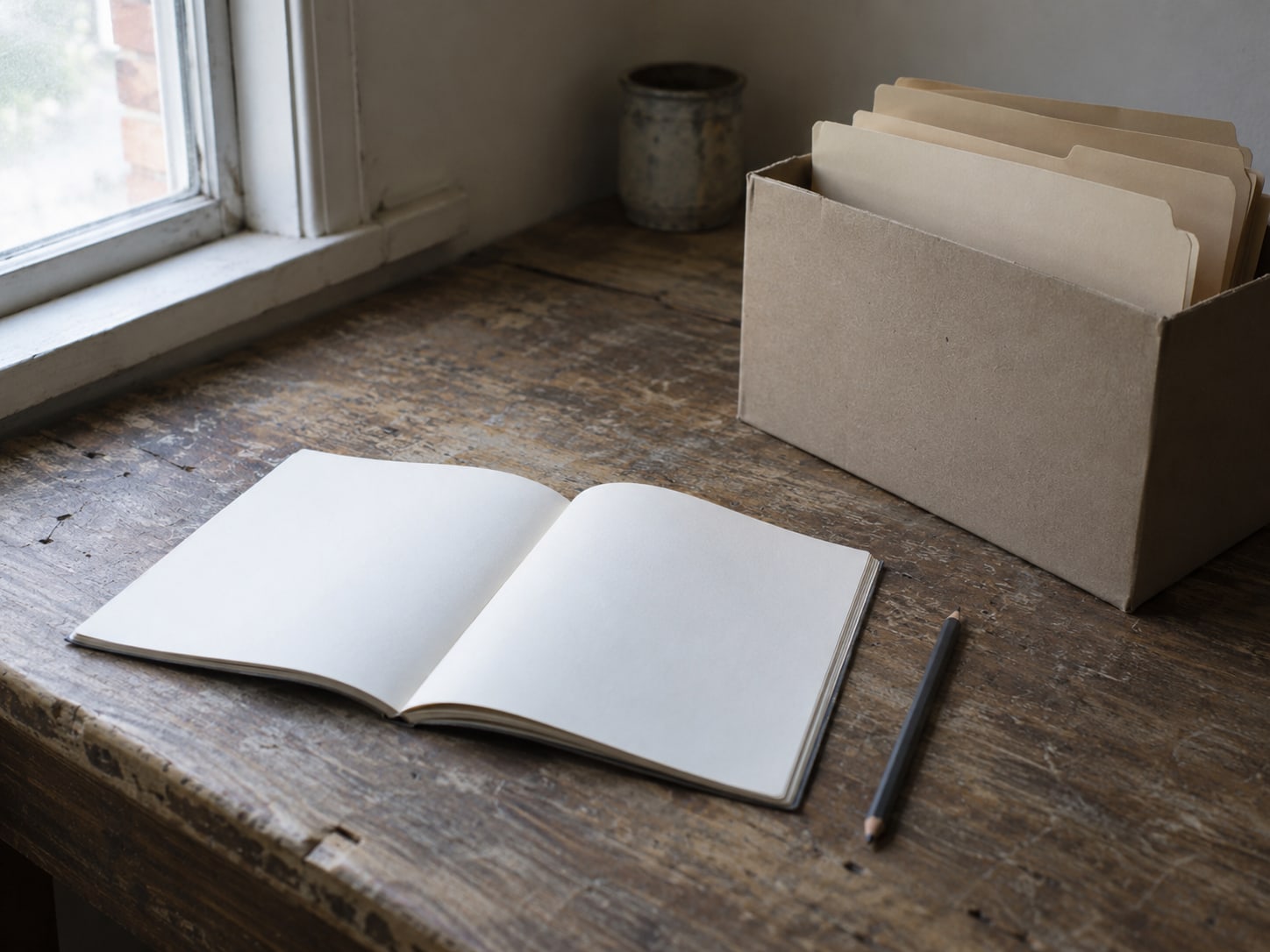 A paper notebook and a pencil beside a small cardboard box of file folders on a desk by a window.