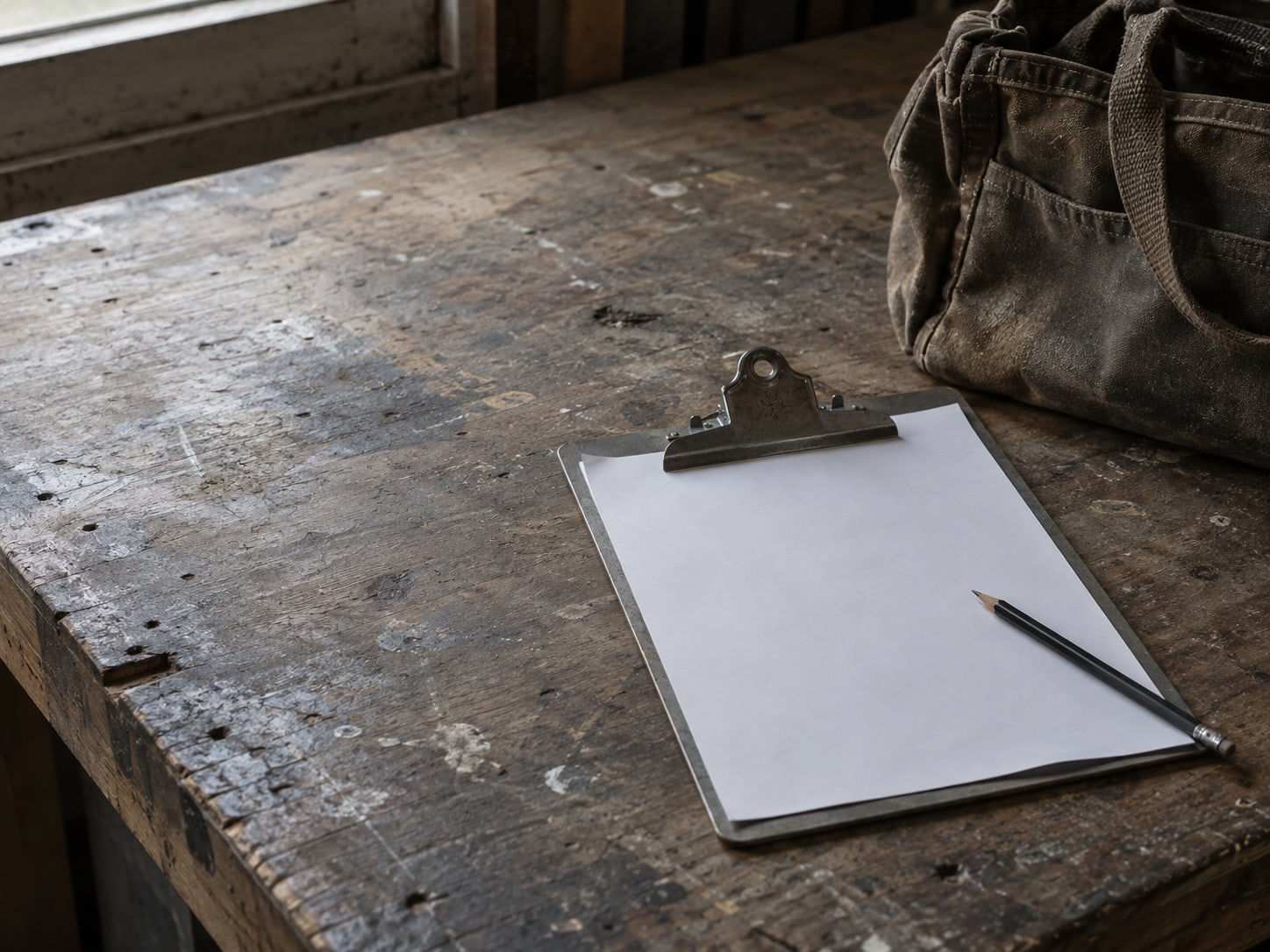 A clipboard holding a blank sheet of paper and a pencil on a garage workbench beside a tool bag.
