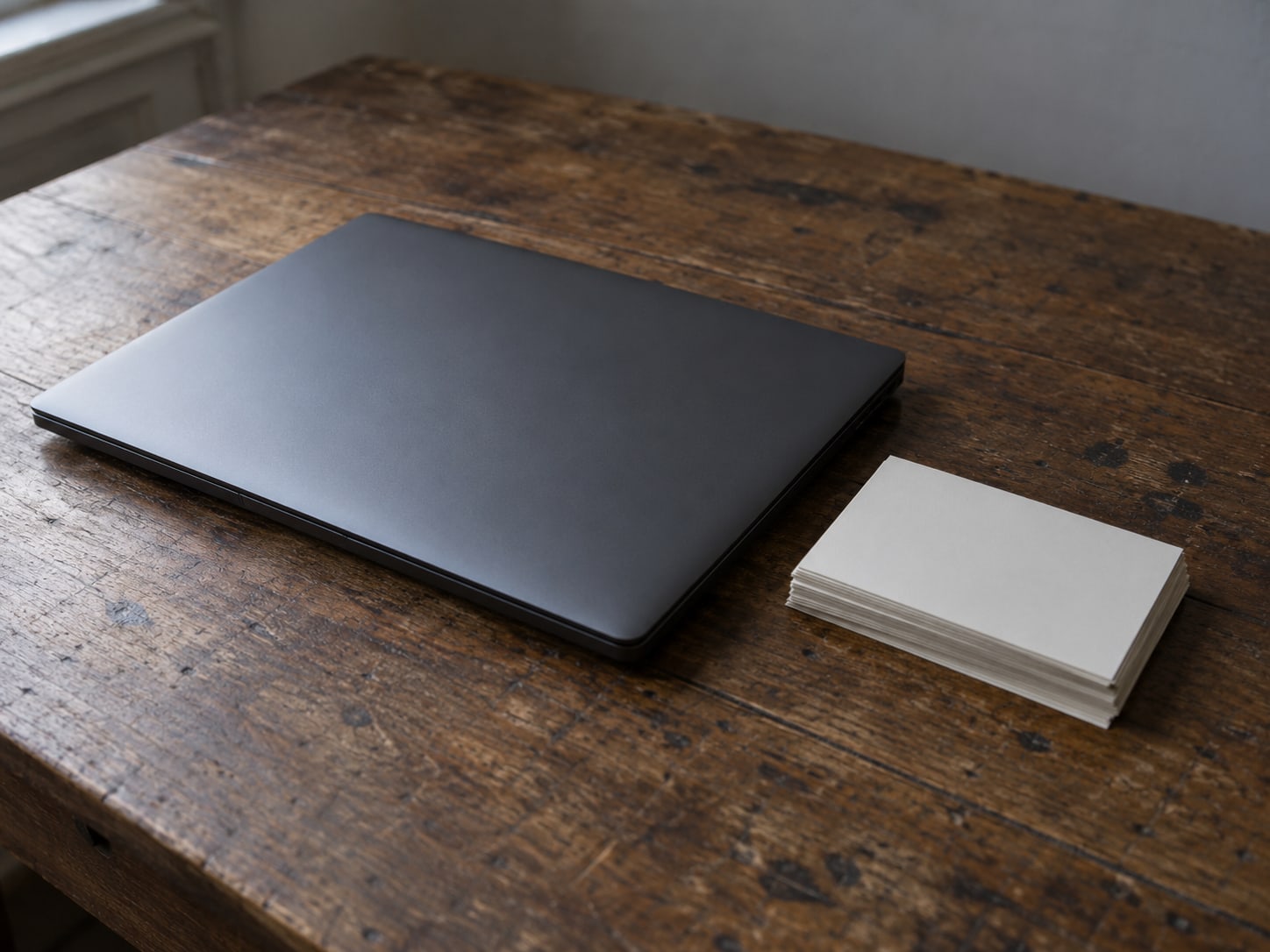 A closed laptop beside a small stack of blank index cards on a worn wooden desk.